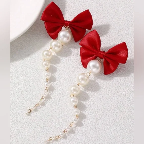 RED BOW PEARL DROP FASHION EARRINGS - Picture 2 of 7